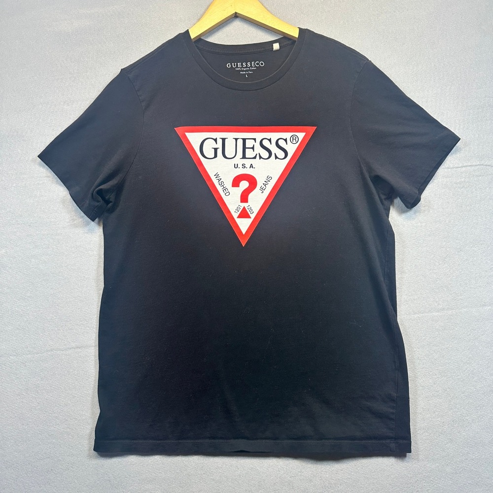 GUESS ECO Mens Black Triangle Logo Organic Cotton T-Shirt Large L